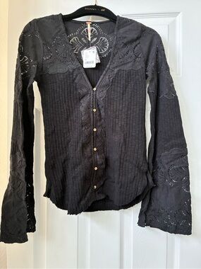 Free People “Olivia Lace Tunic” Black Button-Down Eyelet Ribbed Top